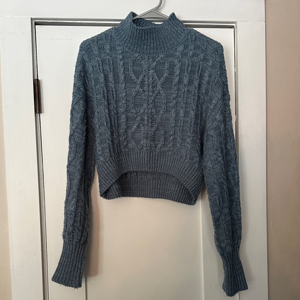 Arizona Jean Company Dusty Blue Cable-Knit Cropped Turtleneck Sweater